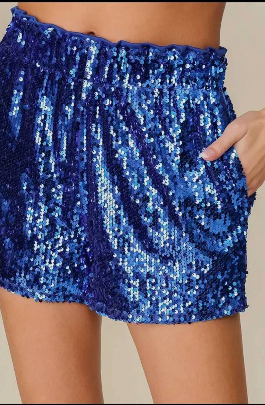 NEW VANILLA MONKEY women's high waisted lined sequin shorts in blue